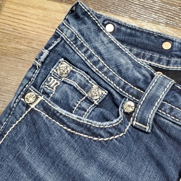 Miss Me Mid Rise Boot Cut Distressed Pocket Flap Embellished Jeans - Picture 4 of 10